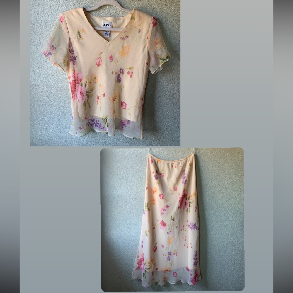 90s Floral matching set JBS Ltd. Yellow sheer skirt and shirt vintage